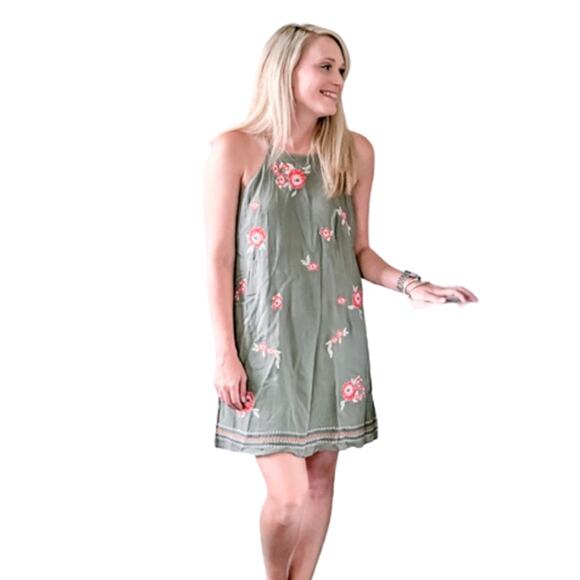 THML Milina Halter Slip Dress Mini Green Flower Embroidered Sleeveless Casual S - Picture 1 of 6